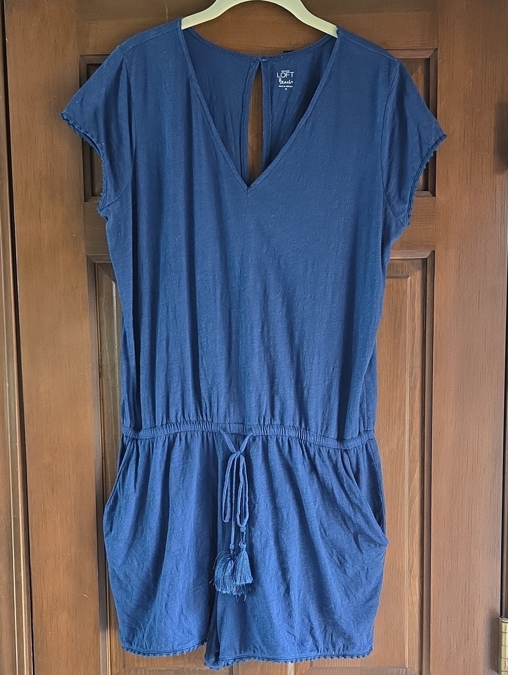 LOFT Beach Indigo Blue Short-Sleeve Drawstring Romper Sz Medium